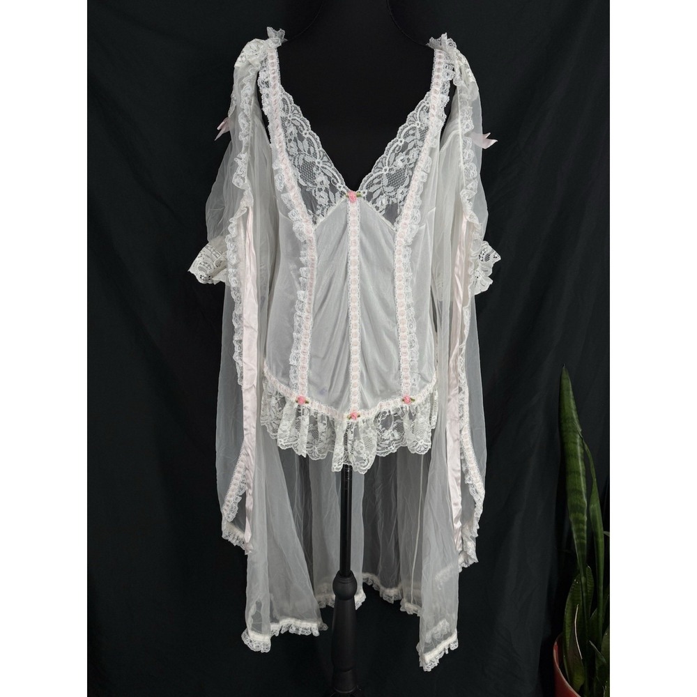 Vtg Tosca Bridal Peignoir Lingerie Robe Set M Romantic Babydoll Puff Sleeve Lace
